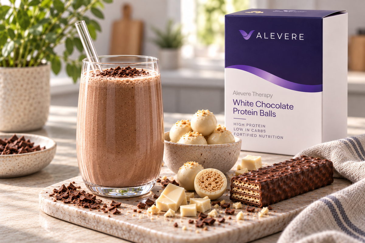 A glass of chocolate protein shake with a straw stands on a marble board beside a box of ALEVERE White Chocolate Protein Balls, with chocolate pieces, a wafer bar, and white chocolate balls arranged around it in a bright kitchen setting.