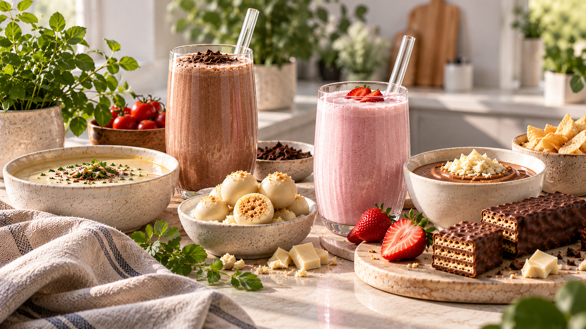 Two tall glasses of smoothies or milk-based drinks, one chocolate brown and one pink strawberry, styled on a marble countertop with bowls of chocolate cake, white chocolate treats, strawberries, chips, and fresh herbs in a bright kitchen setting.