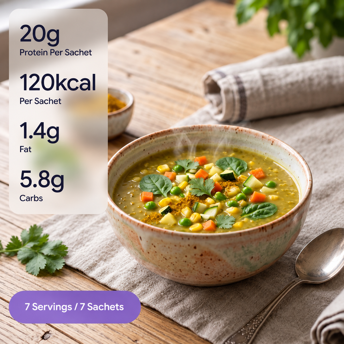 A bowl of vegetable soup on a wooden table with a napkin and spoon, overlaid with nutrition text reading 20g Protein Per Sachet, 120kcal Per Sachet, 1.4g Fat, 5.