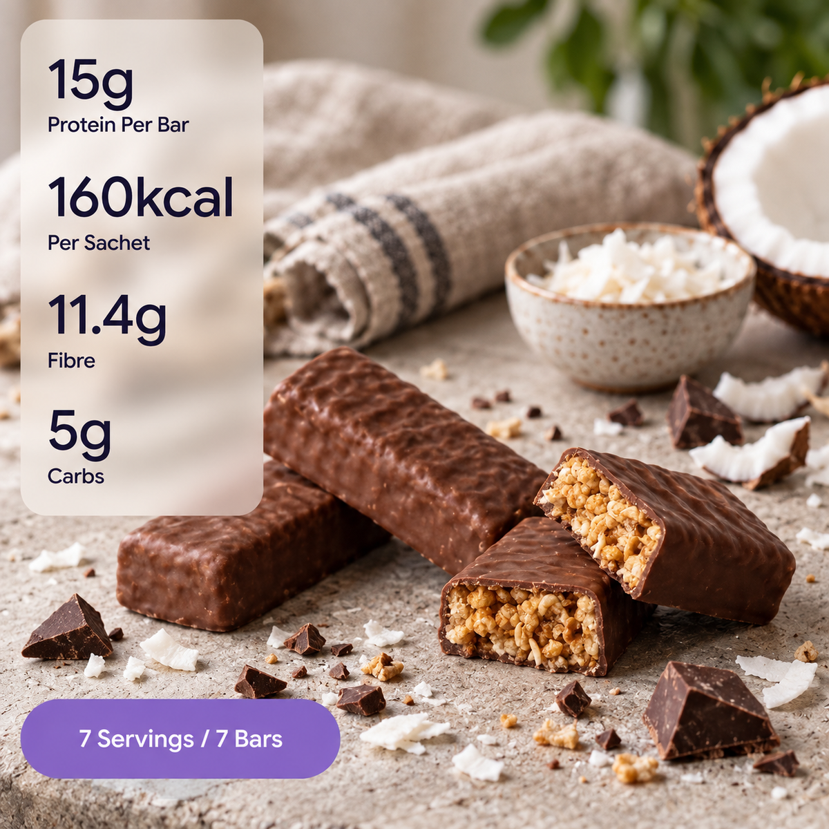 Chocolate-covered bars arranged on a stone surface with coconut pieces and a small bowl of shredded coconut nearby. A semi-transparent nutrition callout on the left lists 15g protein per bar, 160 kcal per sachet, 11.